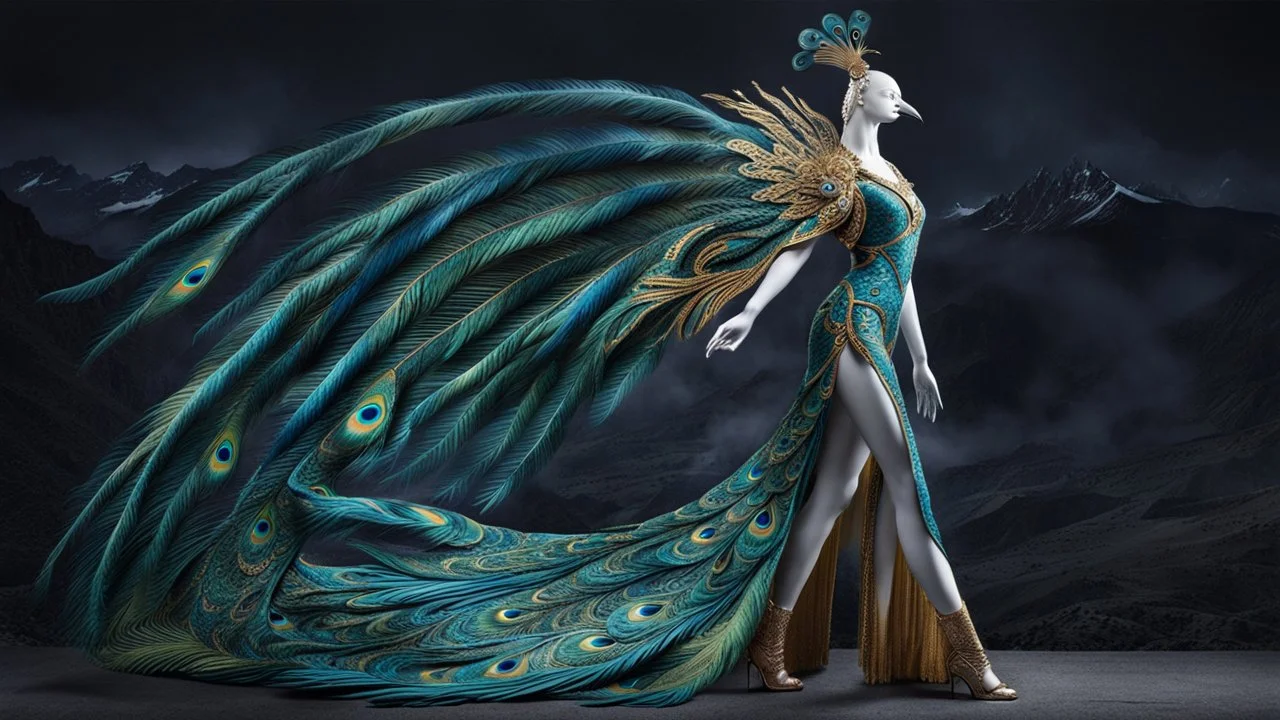 A majestic figure with a bird-like head and long, flowing feathers that resemble a peacock's tail. The figure stands against a dark, mountainous backdrop. The feathers are vibrant with shades of blue, green, and gold, and they spread out dramatically, almost as if they are in motion. The figure's body is adorned with intricate patterns and designs, and it wears a long, flowing dress that mirrors the colors and patterns of the feathers. The dress has a high slit on one side, revealing a leg.