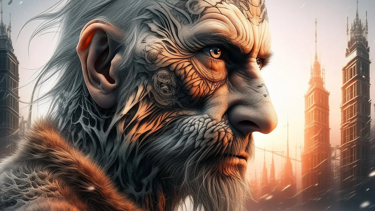 Double exposure, Wolfman, photorealism, man, city, sunset, snow, rain, fantasy, mystical, tattoo, vertical pupils, high detail, high resolution, 8K