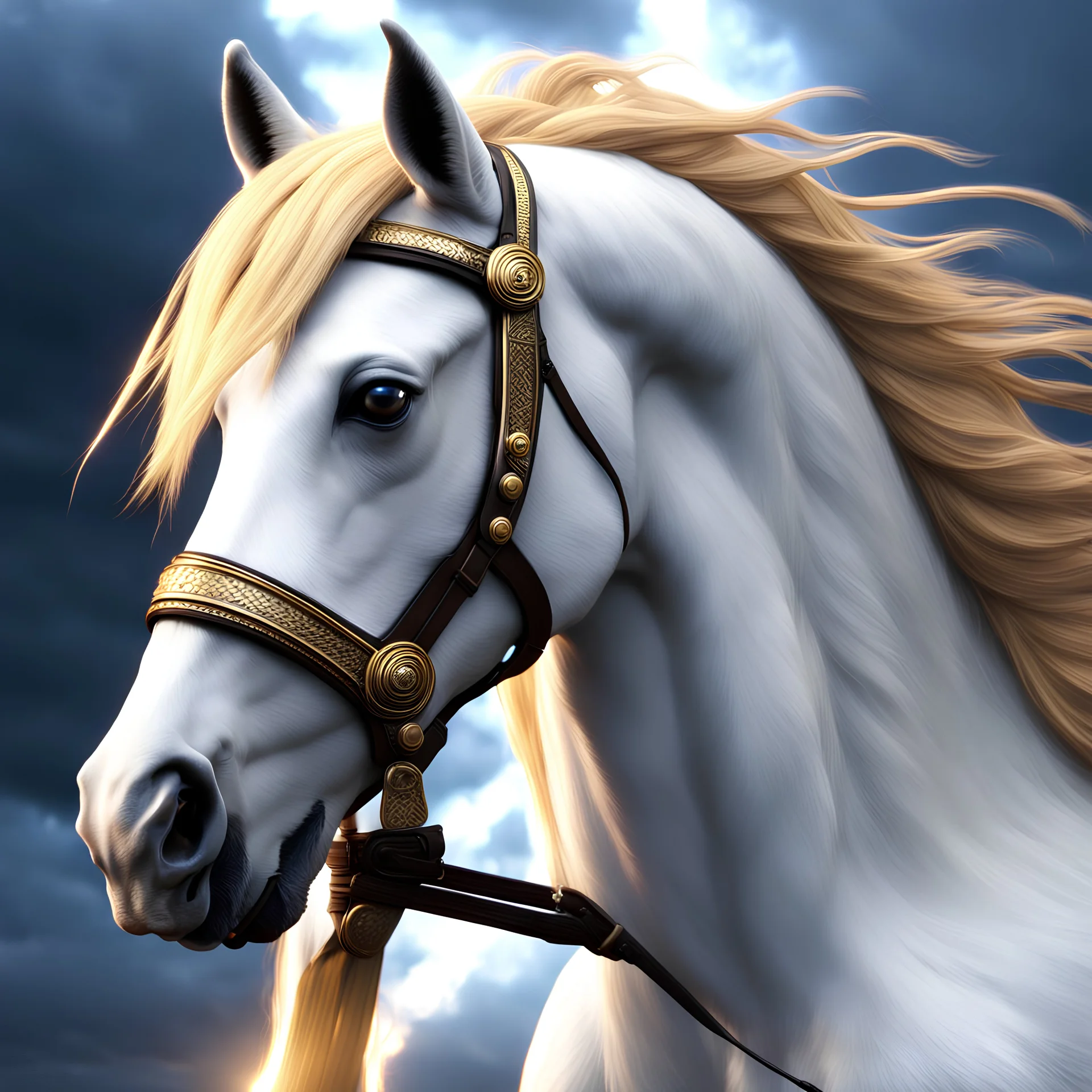 head portrait of a white horse, final fantasy style, realistic snout, horse with white bright celestial eyes, golden hair, stormy sky with lightning, cinematic lighting, atmospheric, hyper detailed, photoreal, 8k, Unreal engine 5, stan Winston studio,