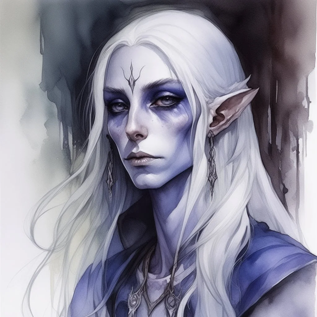 dnd, fantasy, watercolour, large strokes, stylistic, portrait, illustration, dull colours, woman, dark elf, drow, face, narrow long face, cruel face, cold demeanor, purple eyes, piercing eyes, vicious expression, white hair, very long hair streaming down the shoulders, lush hair, elegant, short small mouth, cruel smile