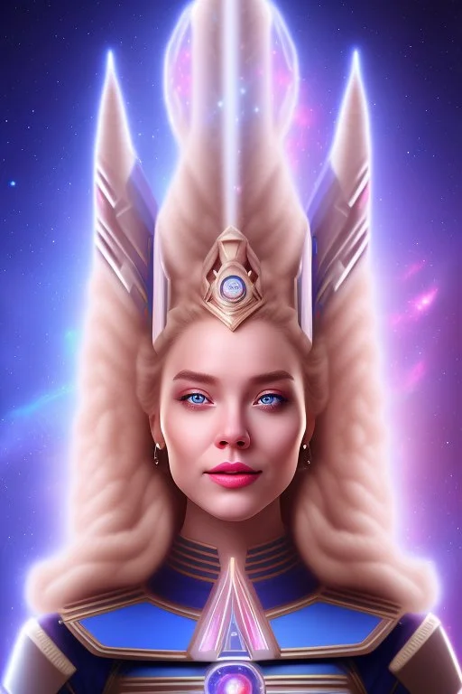 young cosmic woman smile, admiral from the future, one fine whole face, large cosmic forehead, crystalline skin, expressive blue eyes,rainbow, smiling lips, very nice smile, costume pleiadian, Beautiful tall woman pleiadian Galactic commander, ship, perfect datailed golden galactic suit, high rank, long blond hair, hand whit five perfect detailed finger, amazing big blue eyes, smilling mouth, high drfinition lips, cosmic happiness, bright colors, blue, pink, gold, jewels, realist