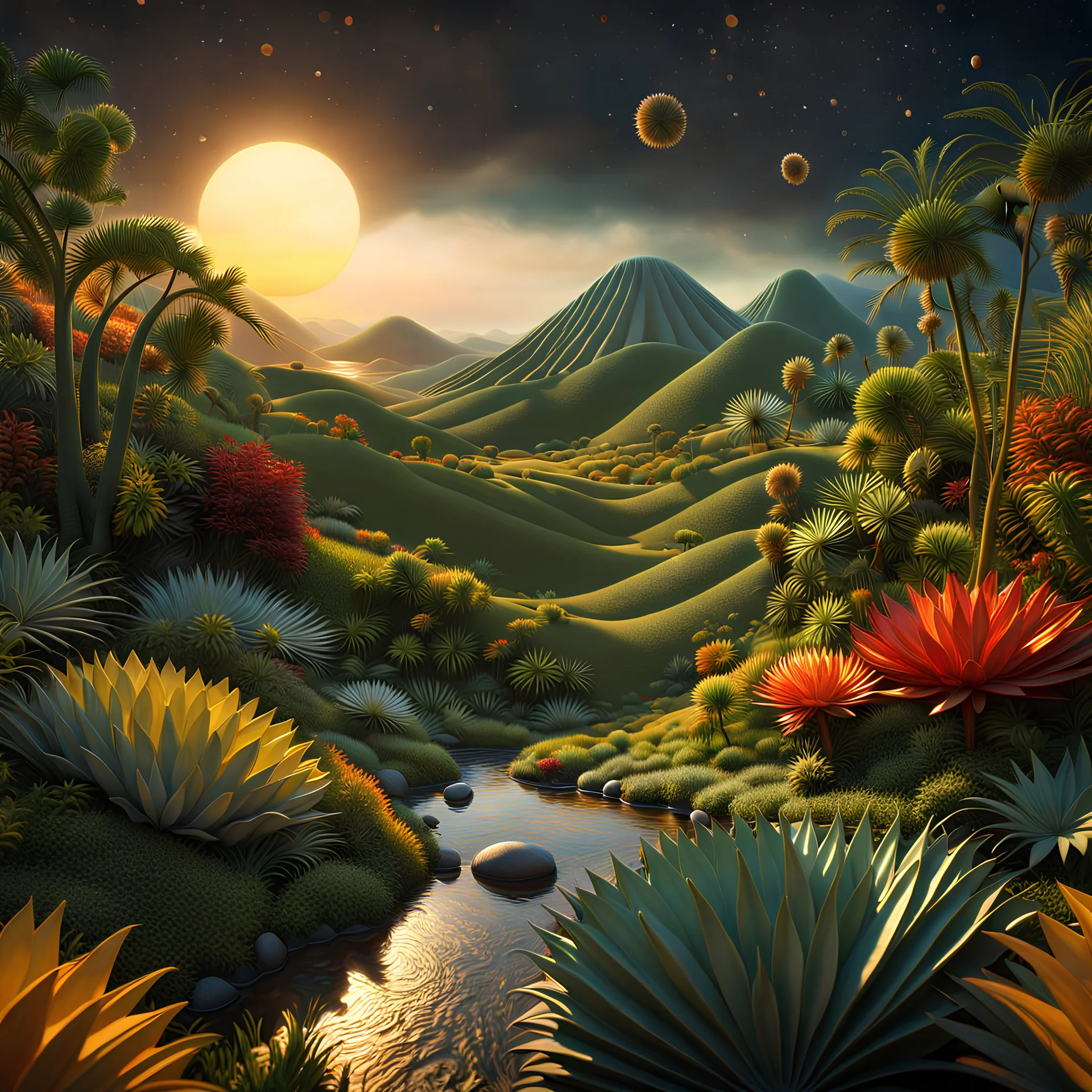 An incredibly peaceful detailed landscape, Max Ernst, Henri Rousseau, Haji Widayat, primordial nature, sun, strong texture, extreme detail, intricate, strong colours, bas-relief, high resolution, volumetric light, 8k, 3d, cinematic, rich moody colors, sparkles, decal, octane render, 55mm photography, 8k, sharp focus, volumetric light, ZBrush