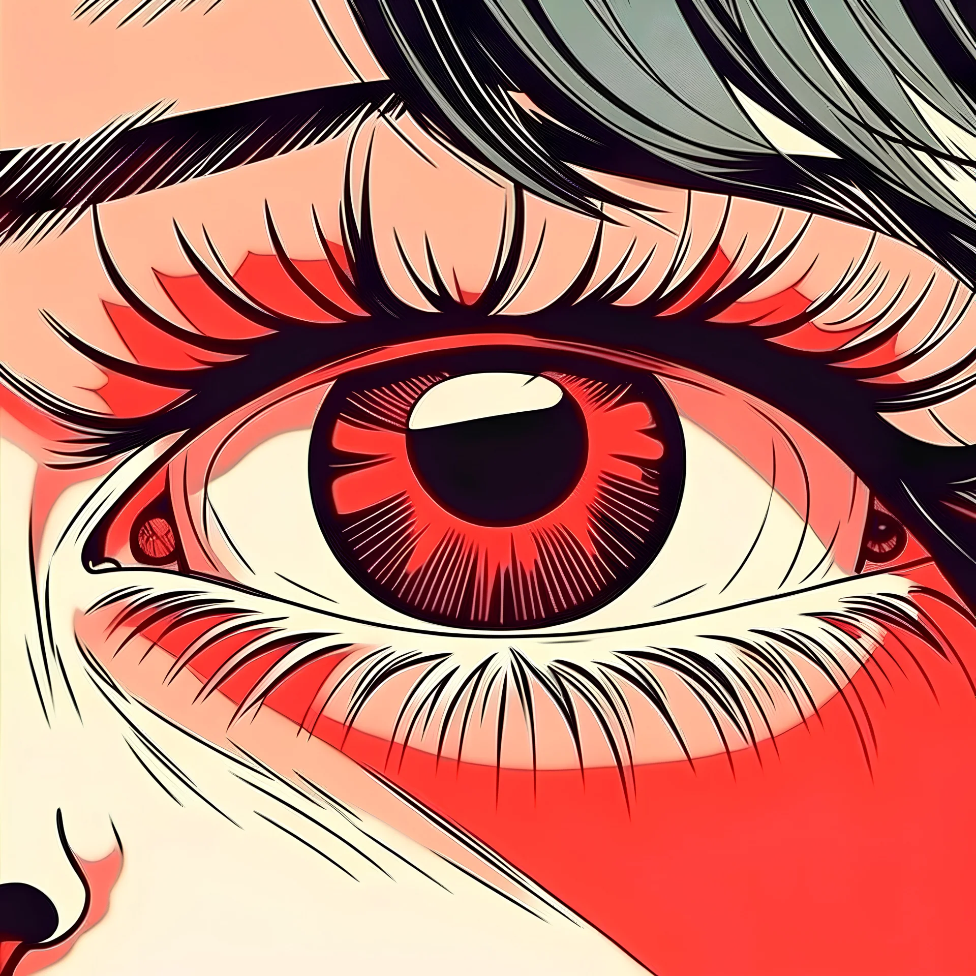 closeup of female eye with a violent expression and red eyes, drawn in vintage 80s anime style