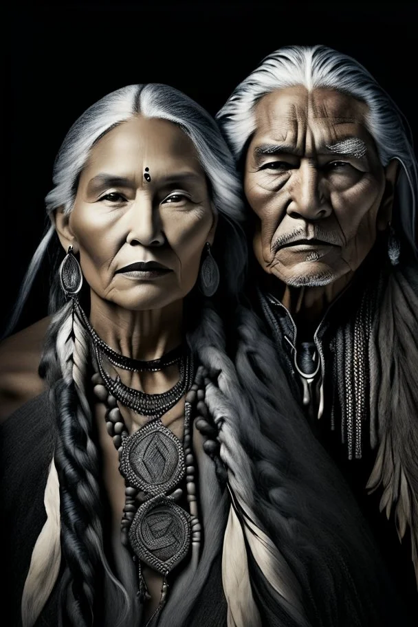 a photo of an Native american indian man and woman with ethnic jewelry, grey hair and grey flowing robe, in style of Annie Leibovitz, contemporary portrait of a mature yet beautiful and modernist, black and grey, detailed face, swirling fluid smokey enigma, award-winning artwork