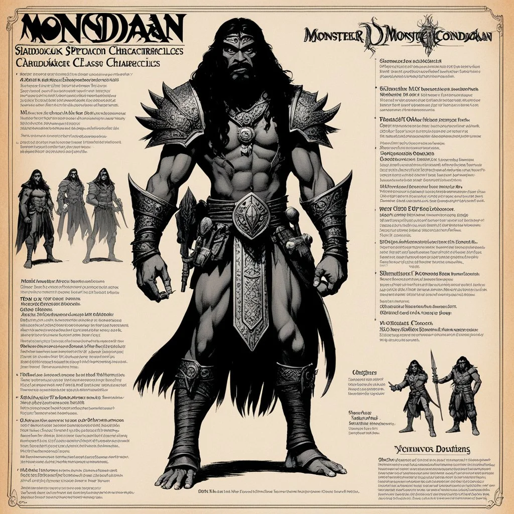 monster concept sheet with AD&D statistics and characteristics : the Sandokan (1976) character class with table of special powers
