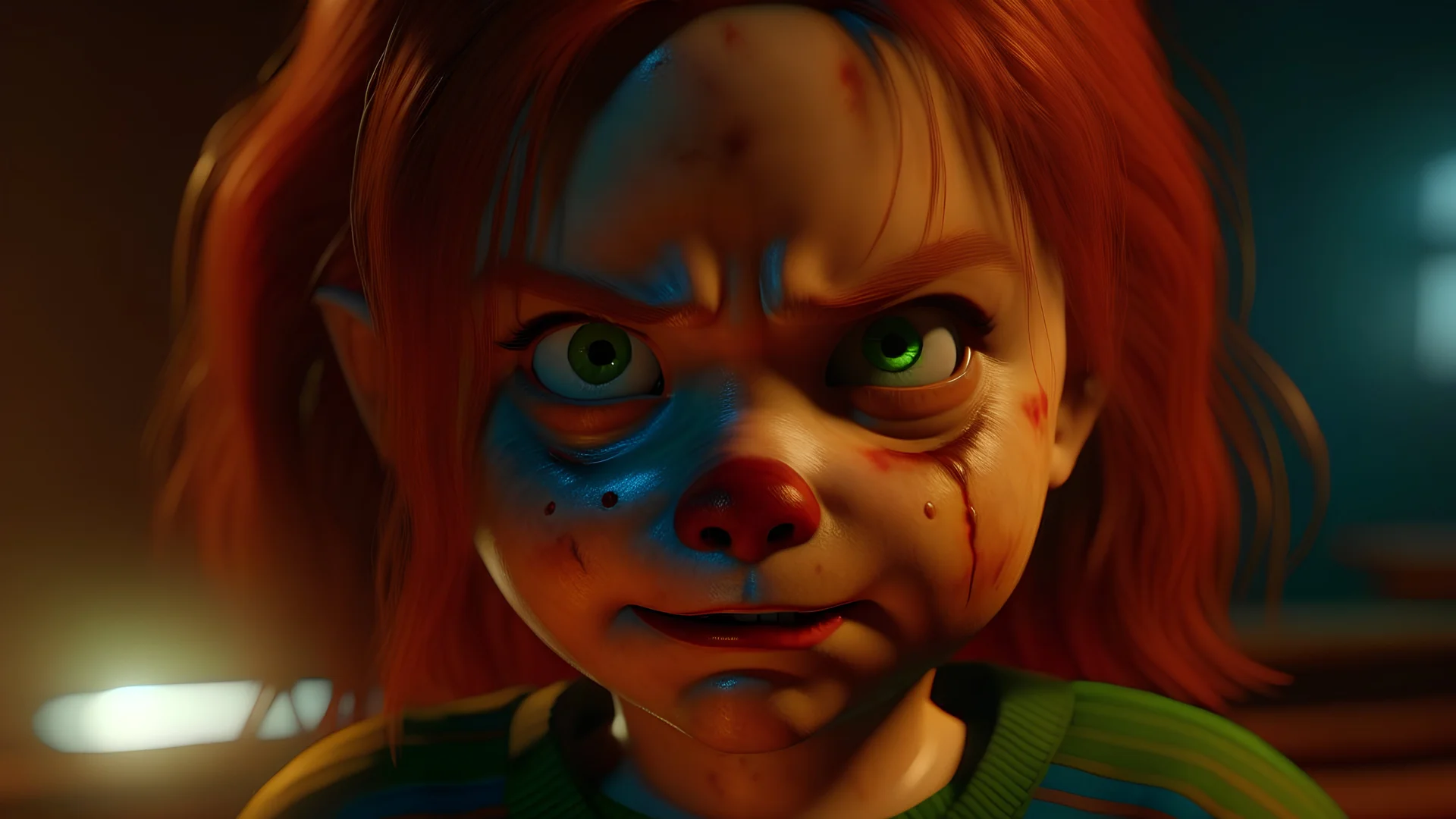 scary chucky. 4k, highly detailed, ultra realistic cinematic lighting, 8k, vivid and colorful lighting, surreal photography, portrait. natural tones.