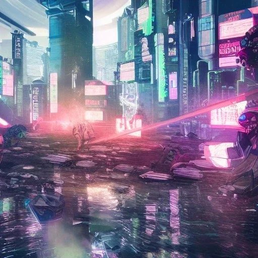 huge battle being fought cyberpunk