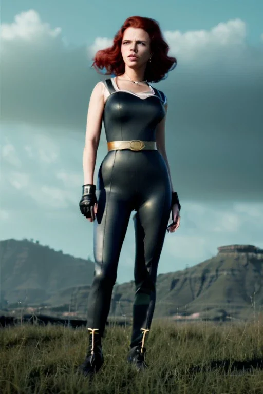 retro portrait image from 1960, sky background, wind, long red hair, fighting stance, sweet young Scarlett Johansson, black dress, classic tight lycra black suit, weapon, gold bracelet and belt, high heel boots, soft color, highly detailed, unreal engine 5, ray tracing, RTX, lumen lighting, ultra detail, volumetric lighting, 3d, finely drawn, high definition, high resolution.