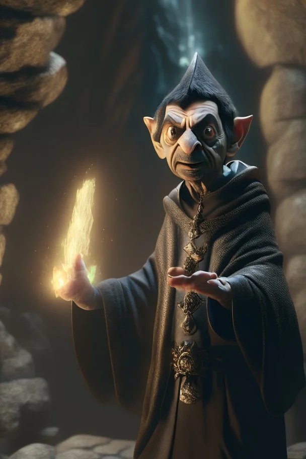 mr bean as robed goblin shaman wielding morning star in dark stone castle, 4 k, trending art, depth of field, volumetric light