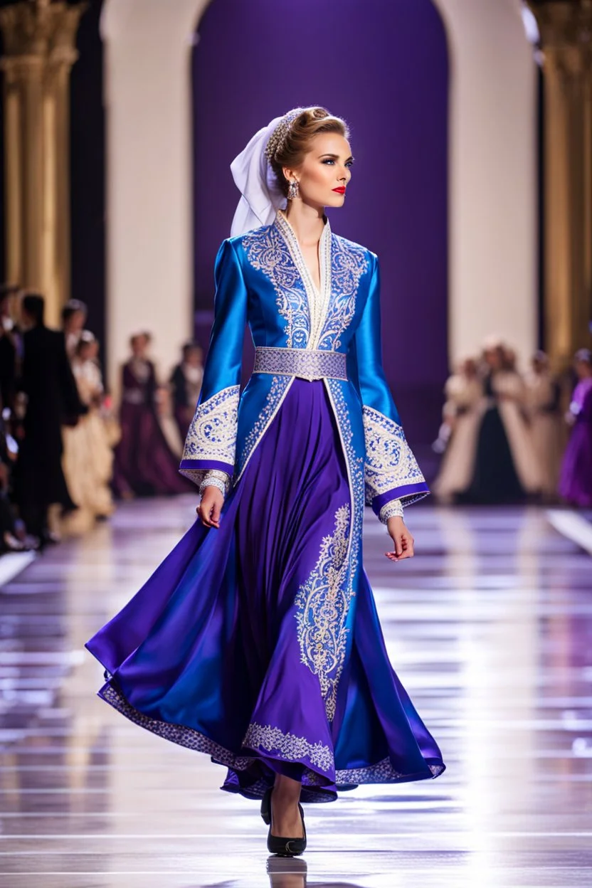 a woman in a blue dress walking down a runway, inspired by Jan Rustem, full body purple and white jacket, sound of music, preserved historical, a beautiful teen-aged girl, dancer, lodoss, muslim, russian style, people dancing