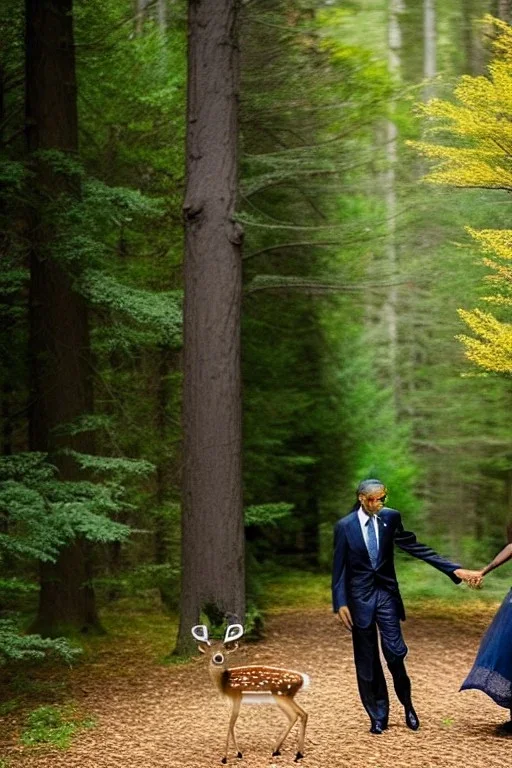 Obama as a mystical forest nymph in the woods raising a baby deer as his own high quality