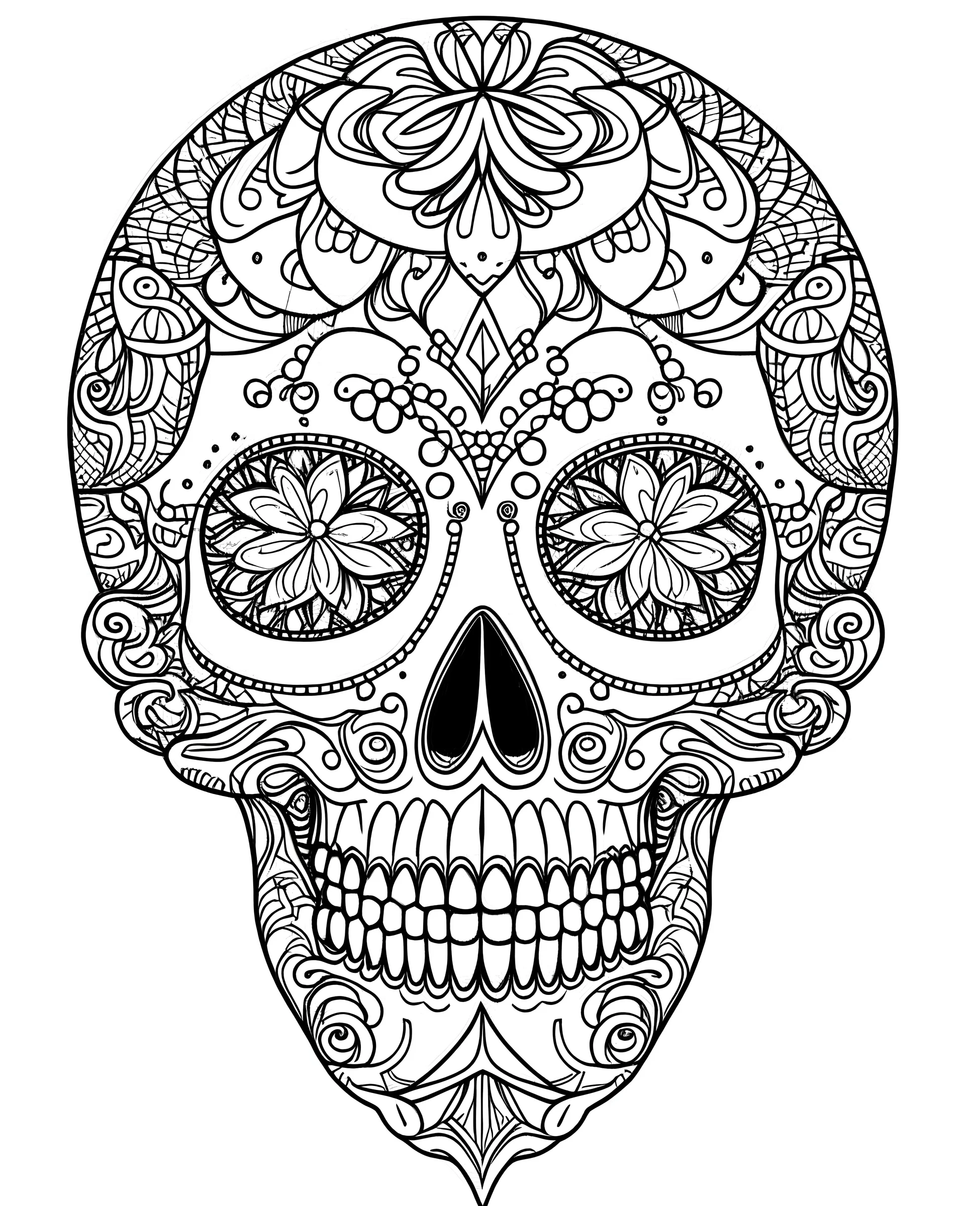 mandala, fairy skull, "Intricate Calavera Designs", full view, realistic face, coloring page, only draw lines, coloring book, clean line art, –no sketch, color, –ar 3:4, white background, minimalistic black lines, minimal black color, low level black colors, coloring page, avoid thick black colors, thin black line art, avoid colors, perfect shape, perfect clear lines,