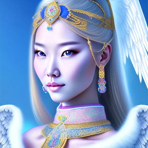 portrait of a beautiful mongolian woman with an angel face smiling,long blond hair, blue eyes, pink and blue dress, jewels, soft light aura