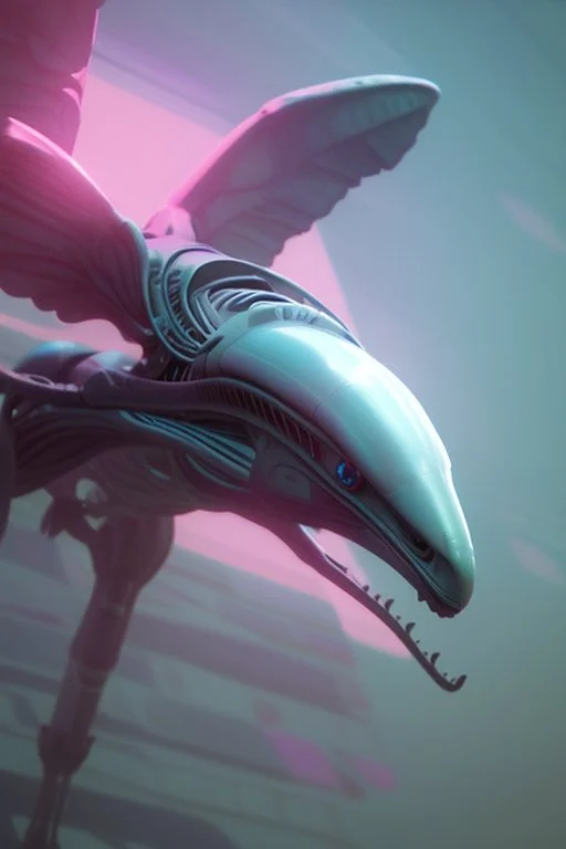 Alien bird, elegant, realistic, cinematic lighting, pink blue light, 8k, galactic