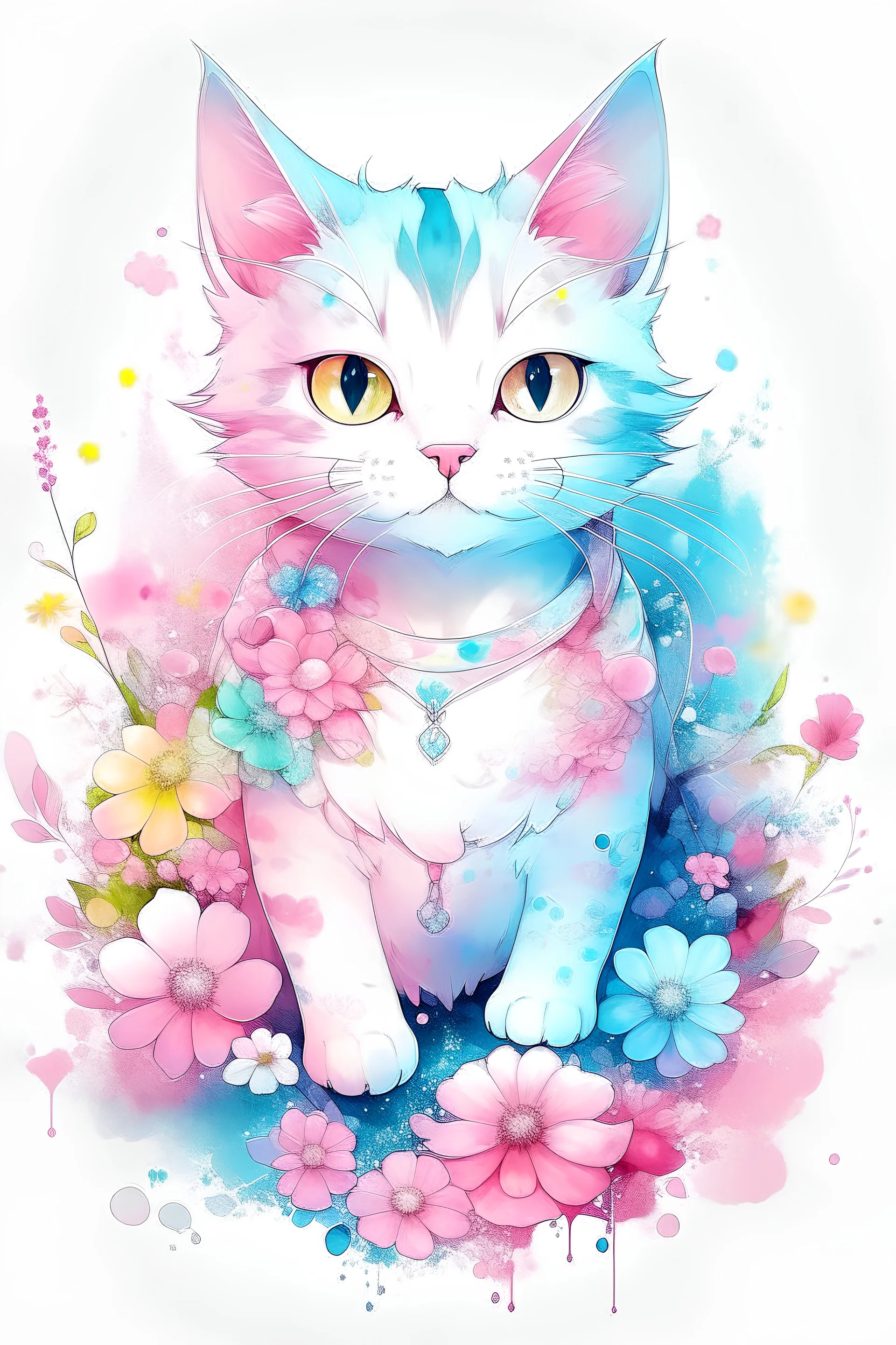 A hyper detailed illustration of a print of a fcolorful full body cute cat, fantasy flowers splash, vintage t-shirt design, in the style of Studio Ghibli, light white and pink pastel tetradic colors, 3D vector art, cute and quirky, fantasy art, watercolor effect, bokeh, Adobe Illustrator, hand-drawn, digital painting, low-poly, soft lighting, bird's-eye view, isometric style, retro aesthetic, focused on the character, 4K resolution, photorealistic rendering, using Cinema 4D, cinematic, 4k,