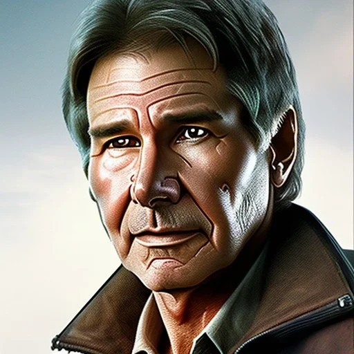 stunning photo realistic head to waist portrait of harrison ford as han solo in star wars with photo realistic short hair by alice zhang,Sam Spratt, Yi Fan, Houston Sharp, Matija Obrovac, Sharp focus, brown eyes, realistically and naturally weathered rough skin,space jacket from star wars, intricate