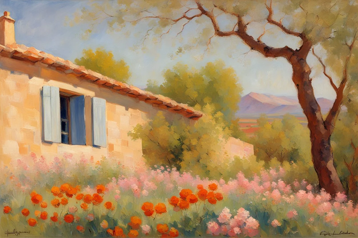 Sunny day, mountains, distant adobe house, flowers, spring trees, stone wall, spring, ludwig dettman and friedrich eckenfelder impressionism paintings