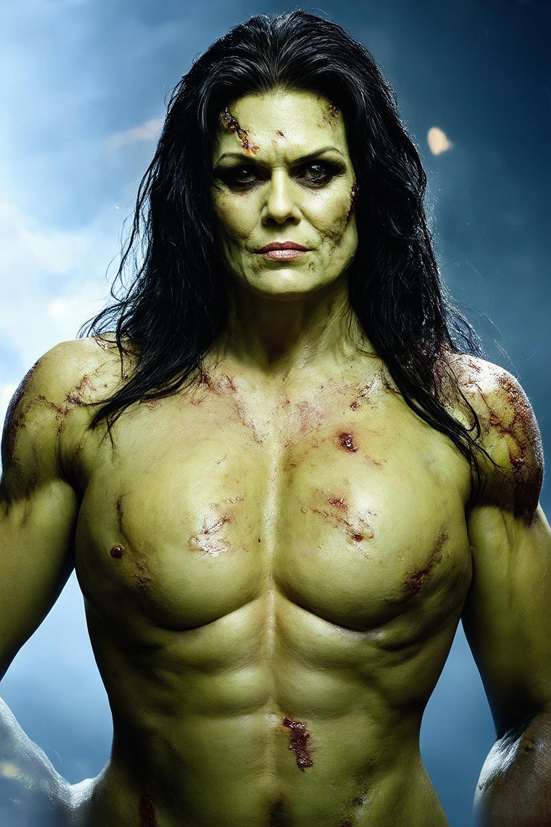 extremely busty, Anna Nicole Smith with Long black hair, massive Facial scars, different colored skin, as the Frankenstein Monster from Guillermo del Toro's new Frankenstein movie, full-body portrait, ultra-detailed, ((((cinematic lighting)))), 4K resolution. ((((photorealistic)))), Towering figure, 6'5", muscular but gaunt, (((Suture Scars and patches of stitched together skin, stitched from mismatched human corpses:1.5))). Pale, cold skin with suture scars across chest, neck, and face.