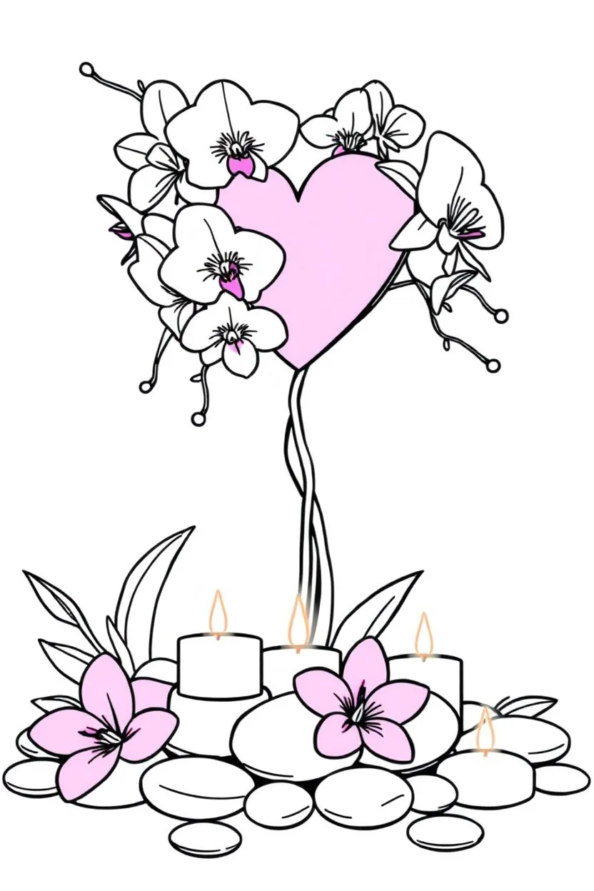 outline art for visually rich appealing tall ikebana heart orchids plumeria spa rounded stones around candles, coloring page for kids, white background, fit to page, only use outline, clean line art, no shadows, clear and well outlined