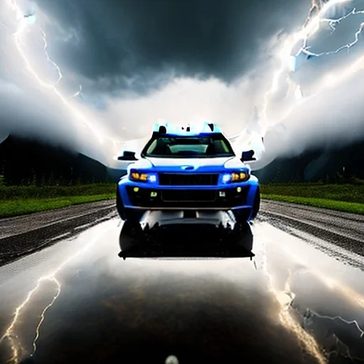 hyperrealistic shot, speeding 4x4 blue truck, monotone color palette, sharp focus, puddle reflec1tion, tire mud splashes, refraction, huge boulders backdrop, mist on the horizon, thunder and lightning, overcast shadow, detailed and intricate, cinematic composition, 8k, micro, tilt shift photography, bokeh