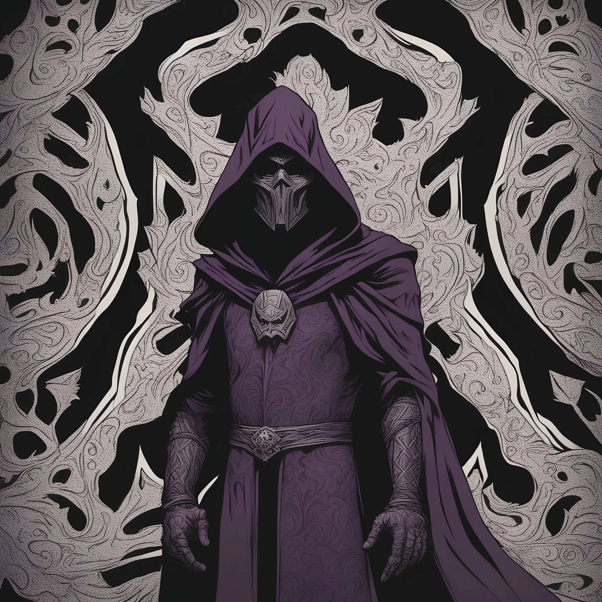 warlock, black mask with ash purple patterns, black robe with ash purple patterns, dark, ominous, ash purple