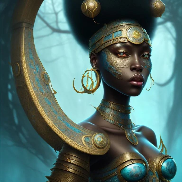 sango fantasy, fantasy magic, intricate, sharp focus, illustration, highly detailed, digital painting, concept art, matte, masterpiece head sexy view black African beauty black afro hair space lady turquoise tiger skin Fiji princess facing forward