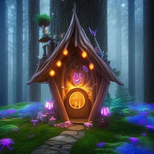 fairy house in the forest, blue and pink lights