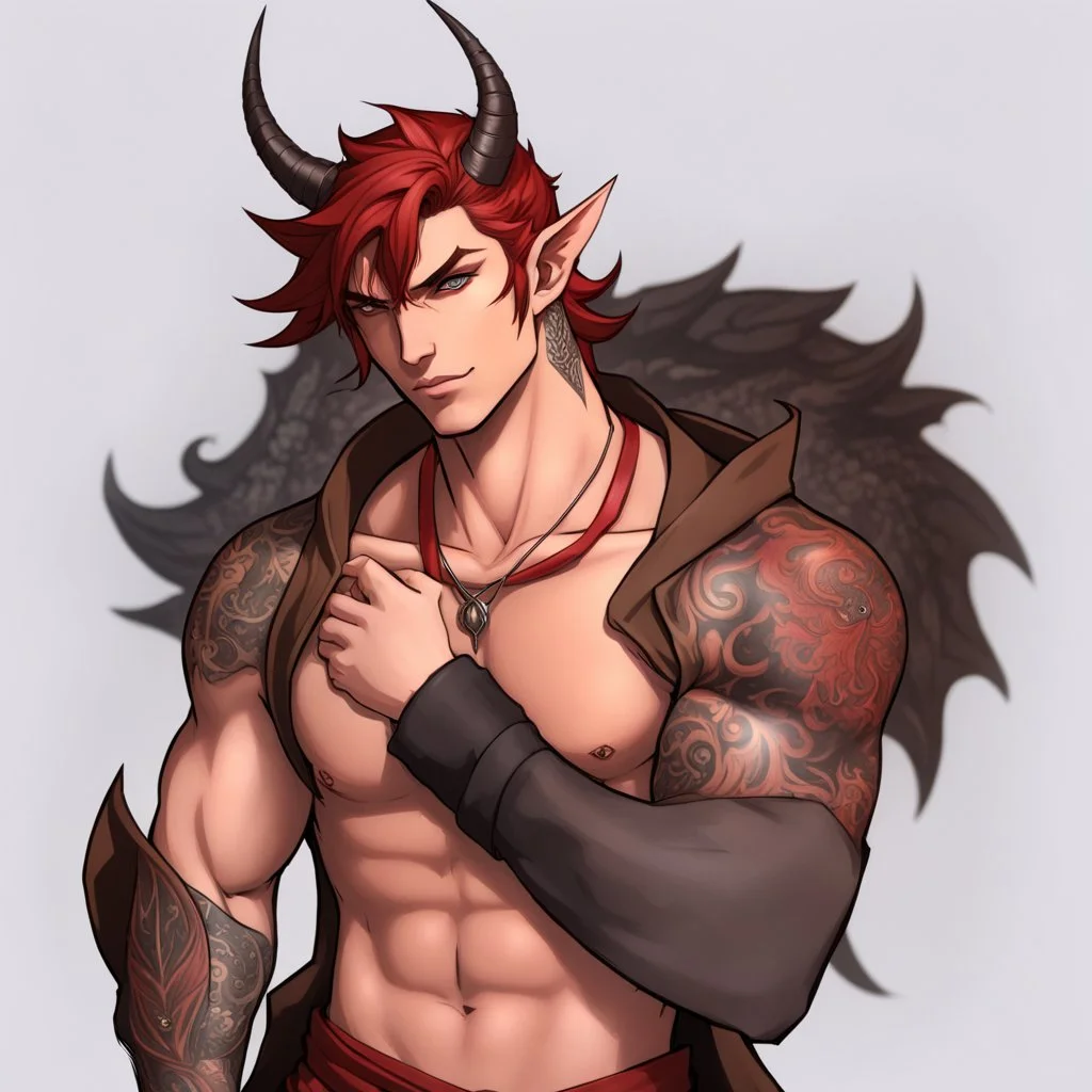 A Young Adult Male. A unique blend of Wood Elf and Red Tiefling features. His handsome face contrasts with the Yakuza dragon tattoos that completly cover his back, arms, and legs. He is wearing a torn coat, he also has earings. A physique that is strong and well-built, resembling a Fighter. Defined and Realistic