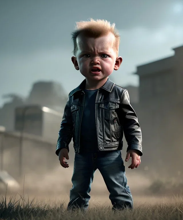 Terminator toddler, full body, dramatic lighting, angry, hyper realistic