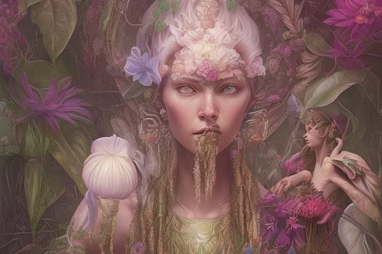 Lilith, Goddess, tropical flowers, realistic heart drawing, crystals, tropical leaves, sacred altar, Fantasy home.Enki Bilal