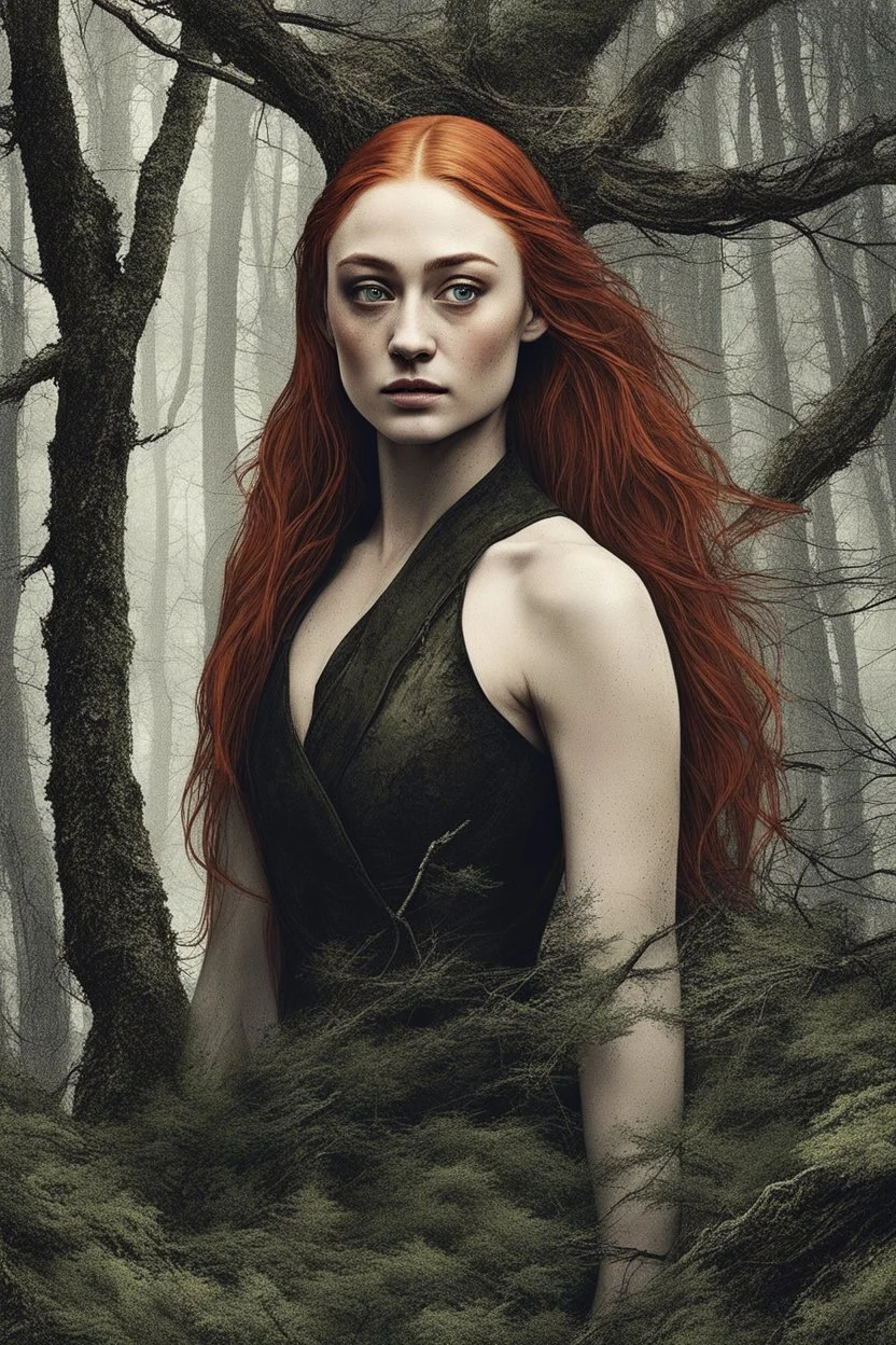 [Sophie Turner] Sophie stumbled wearily through the dense growth, branches clawing at her tattered clothes. How many days had she wandered this dismal forest? Her memories were fading along with her strength. The cliffs she'd spotted from afar had led her not to shelter, but further isolation. Endless rocky foothills dissolved into this gloomy woodland, the scraggly trees clinging to life in the parched soil. Finding water had become an obsession, driving her on even as hunger gnawed at her insi