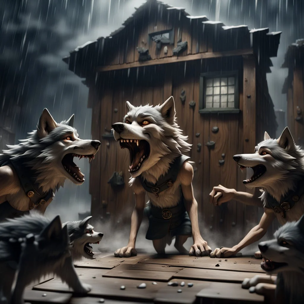 one magic large flying hammer breaks the wooden building's wall. A group of anthropomorphic wolves react in surprise and in the background other anthropomorphic wolves watch the scene unfold with expressions of shock and with surprise faces. one young anthropomorphic wolf watch the hammer, high realistic, detailed,dark fantasy mood, rain, cinematic
