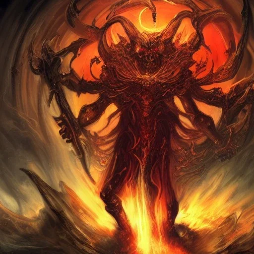 arch demon, god, underworld, reclaim, throne, characters, wandering, showing off his power, decimating a large nation, Control, Controlling mass power, realistic, cinematic, high detail, hyper detailed, magic, copper, gold, black, red, green, purple, crimson, smoke, particles, Beam of light, necromancy, divination, supernatural powers, omen, hidden knowledge, event, foresee, foretell, fortold, art, fantasy, towering stature, grandiose, overpowering render, dark fantasy, unreal engine, raytracing