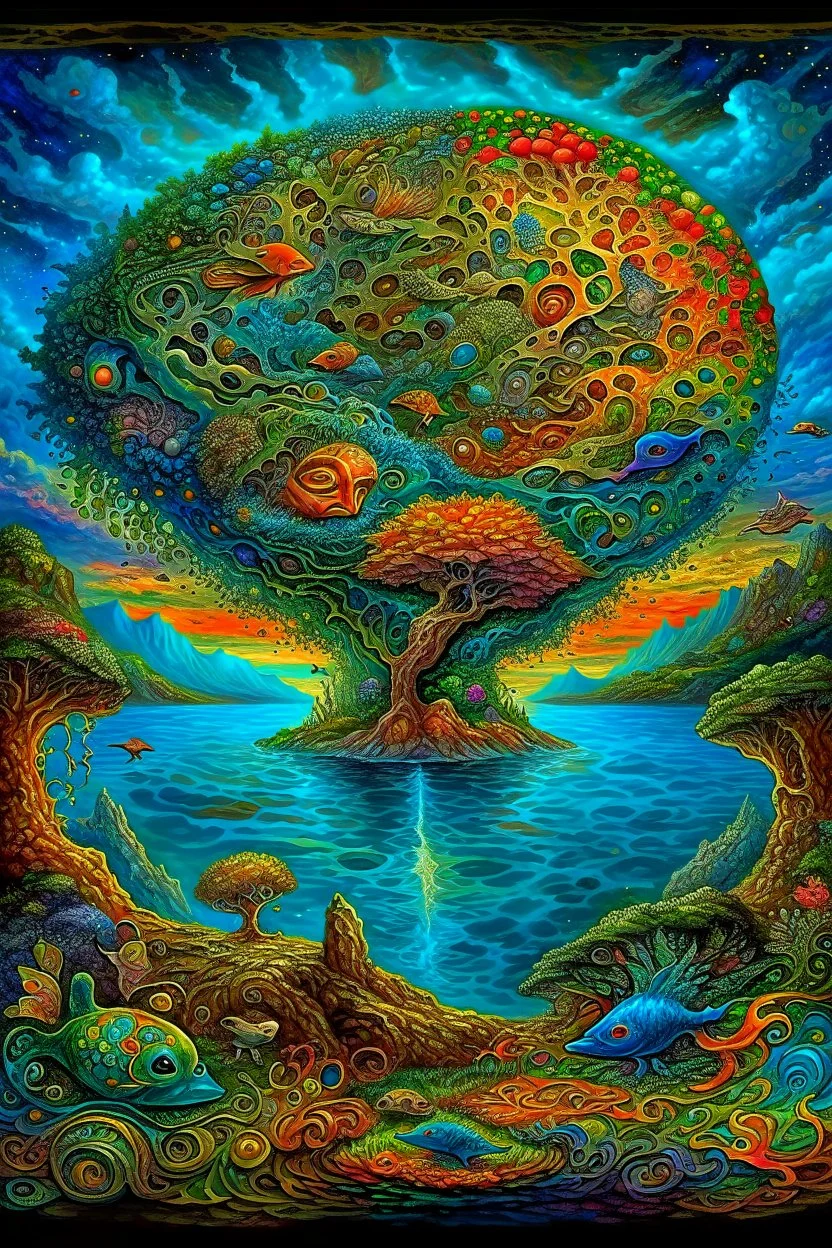 A sky Decorated with sun and moon stars Imaginary landscape trees. . And he sells. Meh. lake.Underwater ornamental coral perfect anatomy, fantasy, vibrant digital art professional award winning masterpiece, oil on canvas Atmospheric extremely detailed Josephine Wall