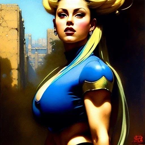 Drawing of beautiful face,busty Cammy-Street fighter,intense stare,Minimal ancient armor, balanciaga fashion clothe painting by gaston bussiere, greg rutkowski, yoji shinkawa, yoshitaka amano, tsutomu nihei, donato giancola, tim hildebrandt, oil on canvas, cinematic composition, extreme detail,fit full head inside picture,16k