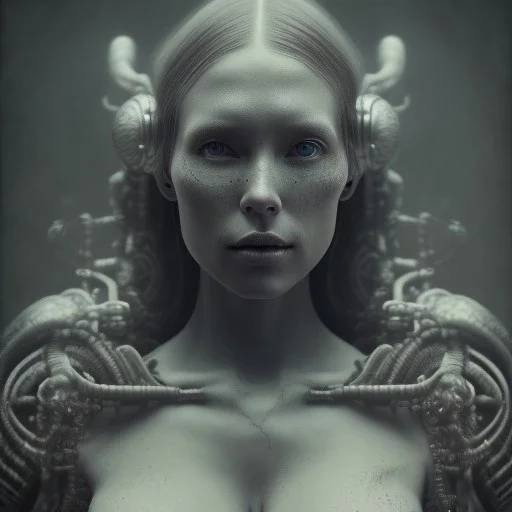 A viking girl as a liquid, hr giger, scary, steam punk, realistic, made in octane, cinematic, ultra-realistic, extremely detailed octane rendering, 8K, VRAY Super Real ar 2:3, dof photorealistic futuristic 50mm lens hard lighting dark gray tintype photograph, realistic lighting, sepia color