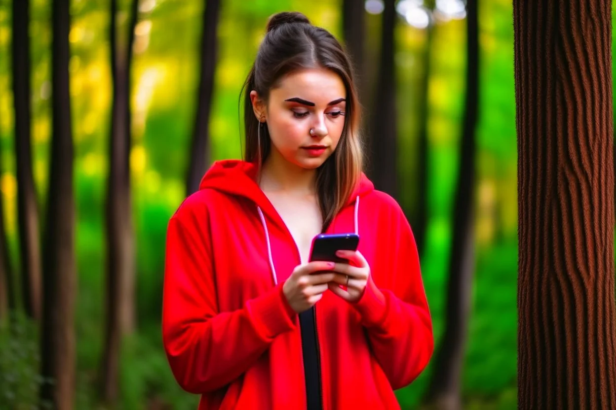 young woman in red clothing standing in a forest holding a smartphone