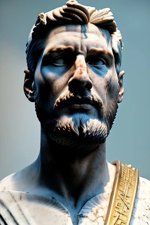 Ultra Realistic image, roman sculpture, white marble material, Lionel Messi, gold Laurel crown, miguel angel style, chisel style, emperor, waist up portrait, epic, celestial style, cinematic lighting, God light, god rays, 4k resolution, smooth details, ornate details, soft lighting, unreal engine 5, blue background.