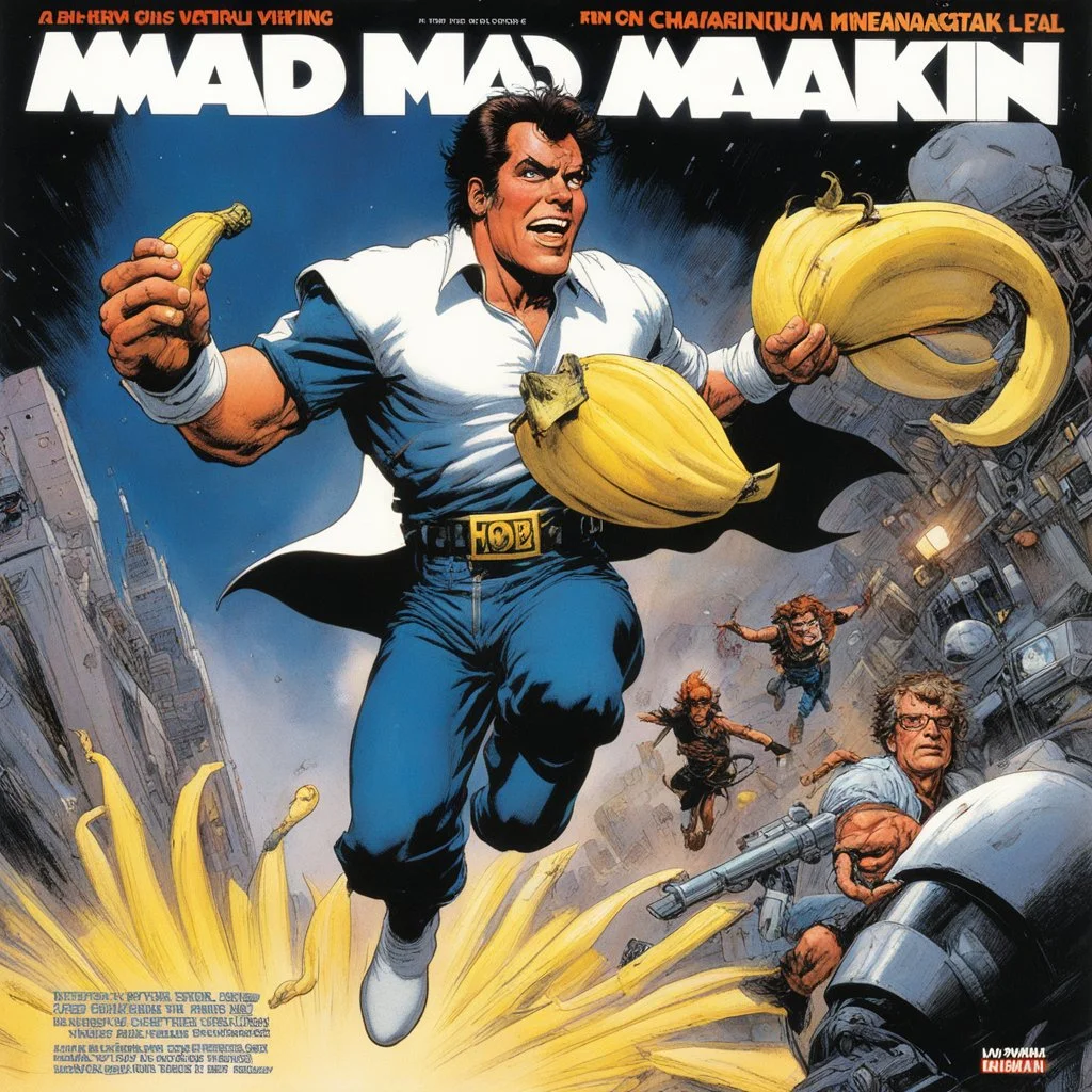 [cover by Howard Chaykin for MAD Magazine, 1988] a hero running from imaginary monsters, only to slips on a banana peel and fall flat!