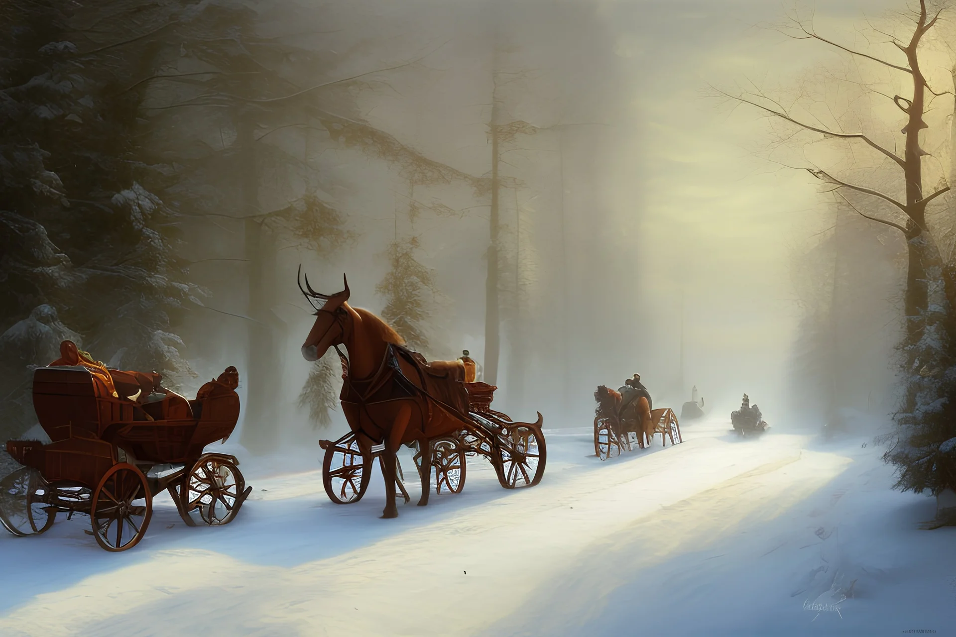 Peder Monk Monsted style, forest dirt road, Russian horse-drawn sleigh, winter