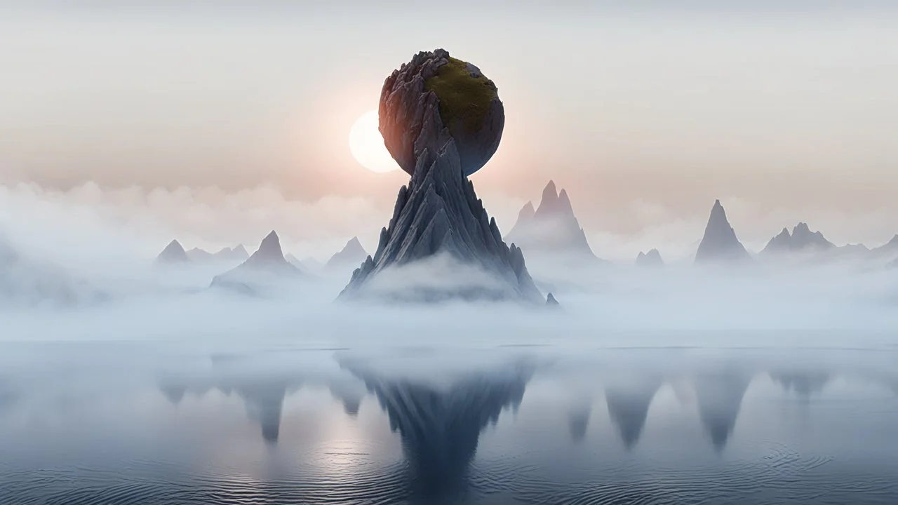 atop the tip top of a lonely mountain's peak, a big rocky clay planet is broken in half. The top of the mountain disappears into the sphere. foreground shrouded in mist. cinematic lighting, artstation, grim mood, looking up camera angle the background does not contain mountains