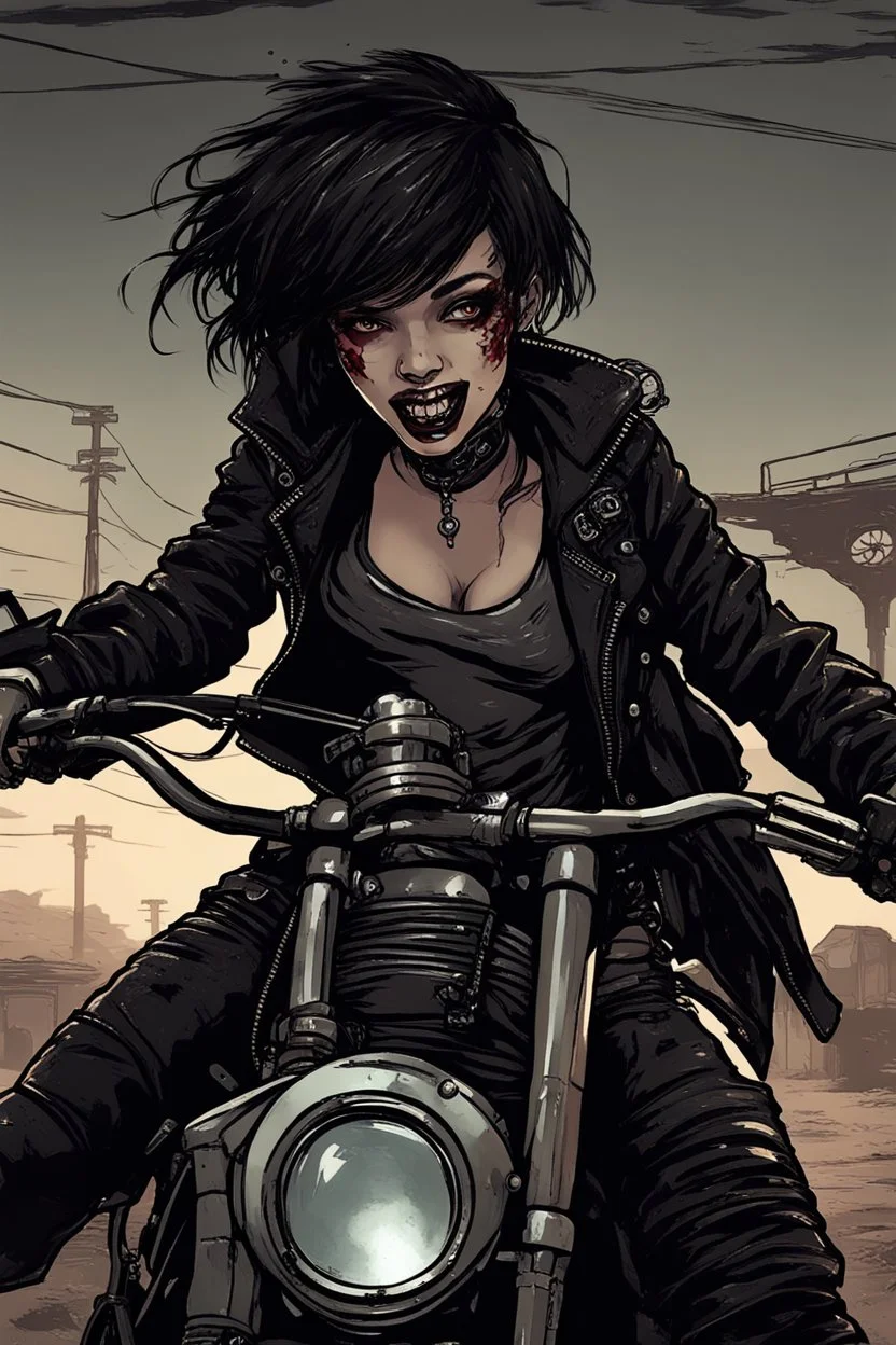 scarred cyberpunk vampire girl showing fangs with short cropped cyberpunk hair riding a black cafe racer motorcycle in a post apocalyptic wasteland at 3 am