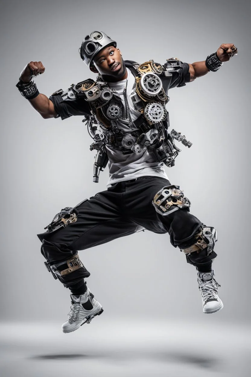 Excited art hip hop dancer wearing mechanical,full body