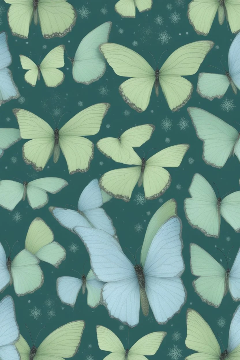 Light green and light blue butterflies in the snowy winter
