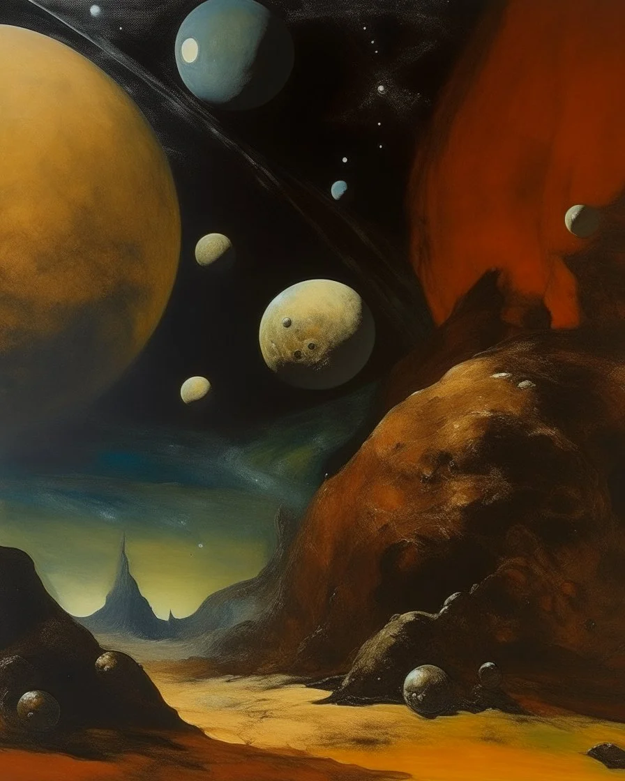 A brown outer space with giant asteroids painted by Paul Gauguin