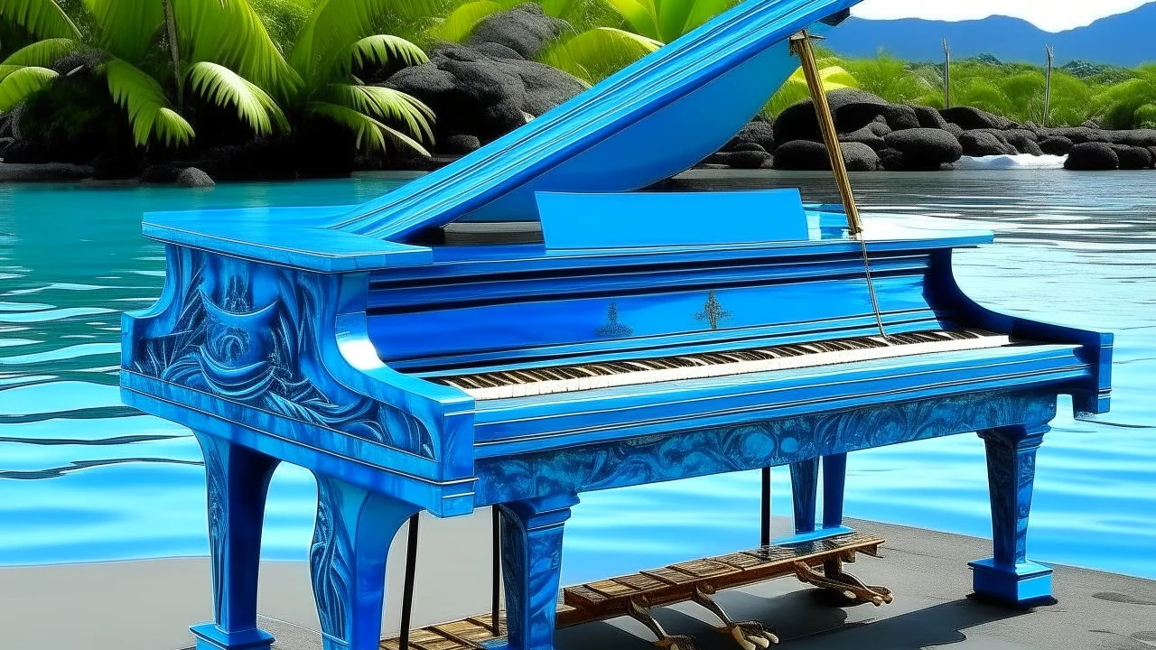 A blue water piano designed in Hawaiian tikis