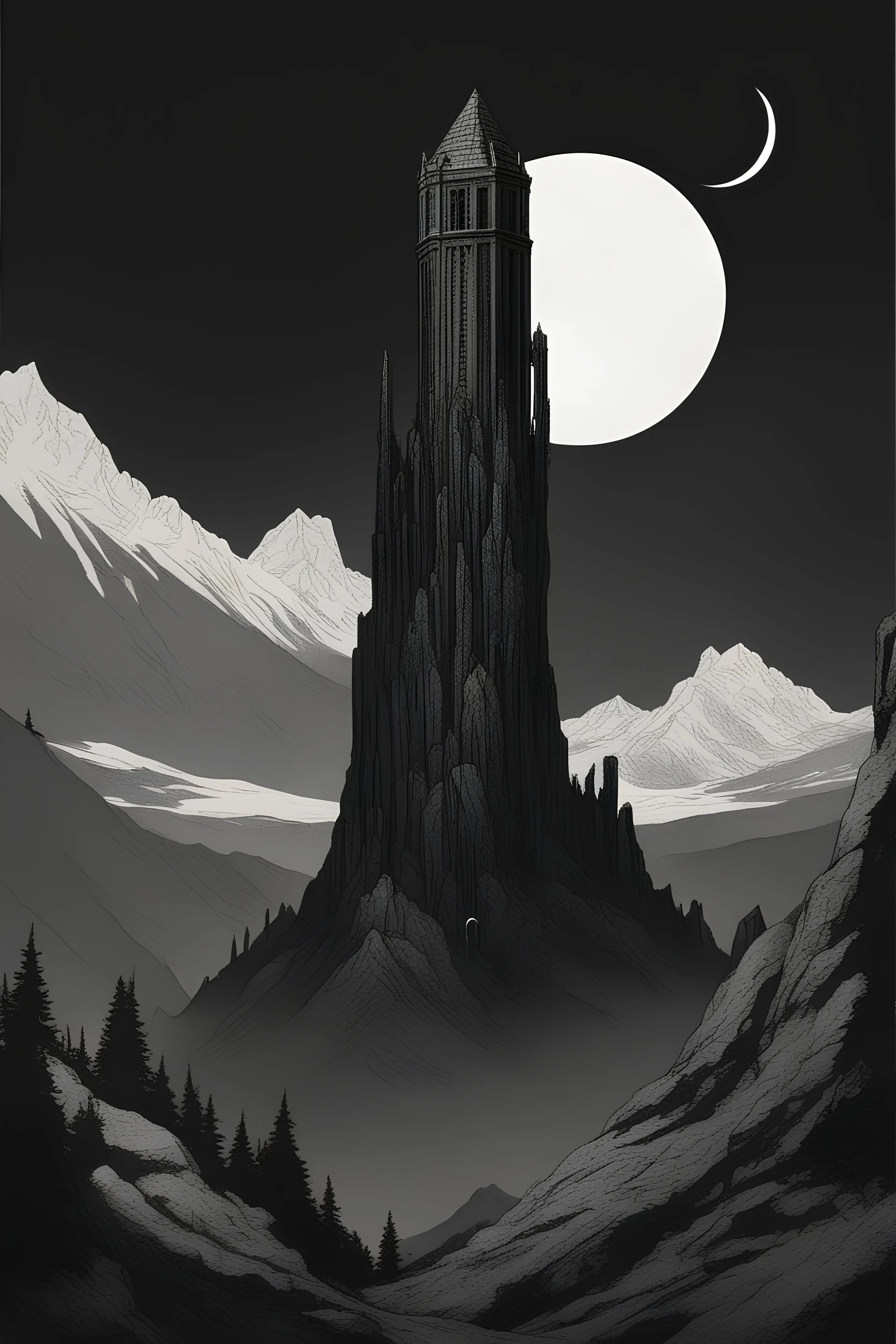 Tall, dark tower in the mountains with a solar eclipse