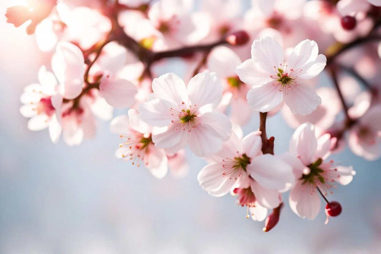 fantastic light pin white background with four bunches of cherry blossoms on blurred background