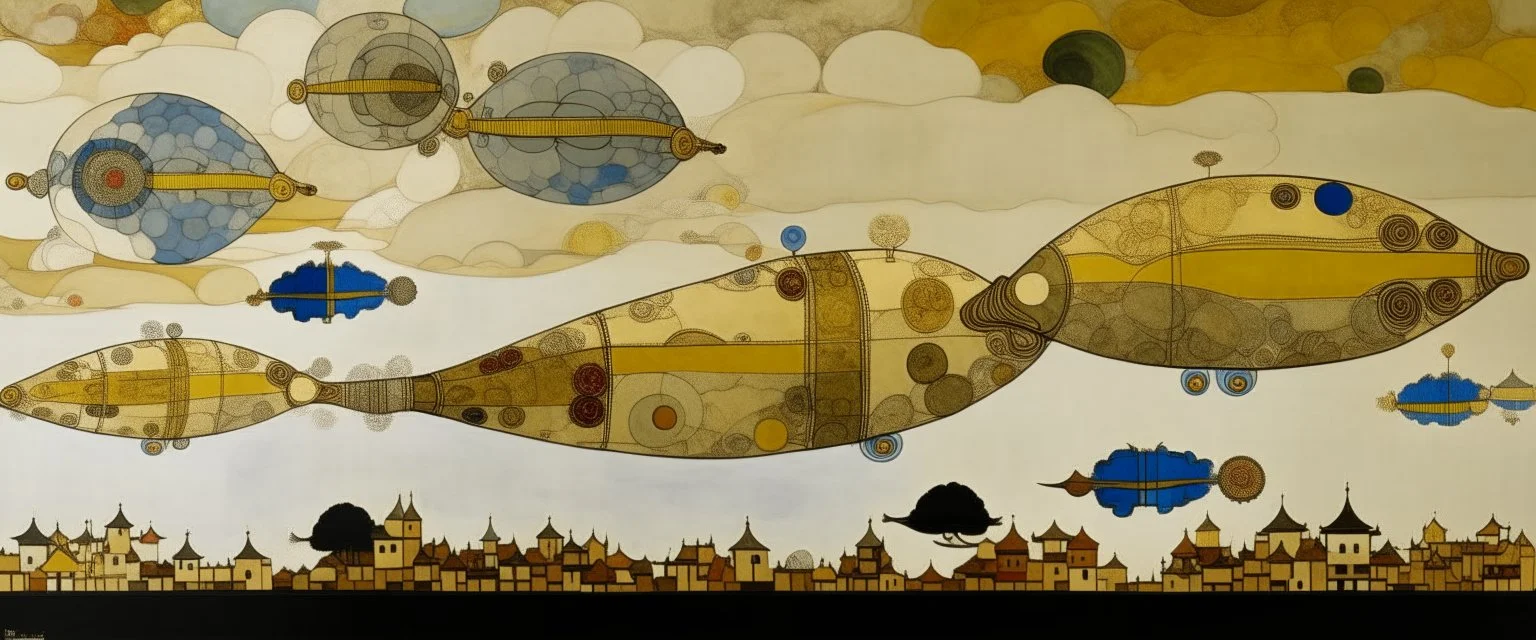 A white sky with puffy clouds and airships painted by Gustav Klimt