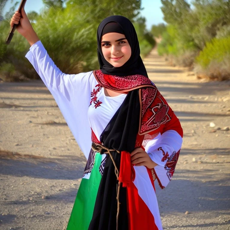 A very beautiful girl carrying a large Palestinian flag in her hands and waving it while wearing a keffiyeh and an embroidered Palestinian dress.